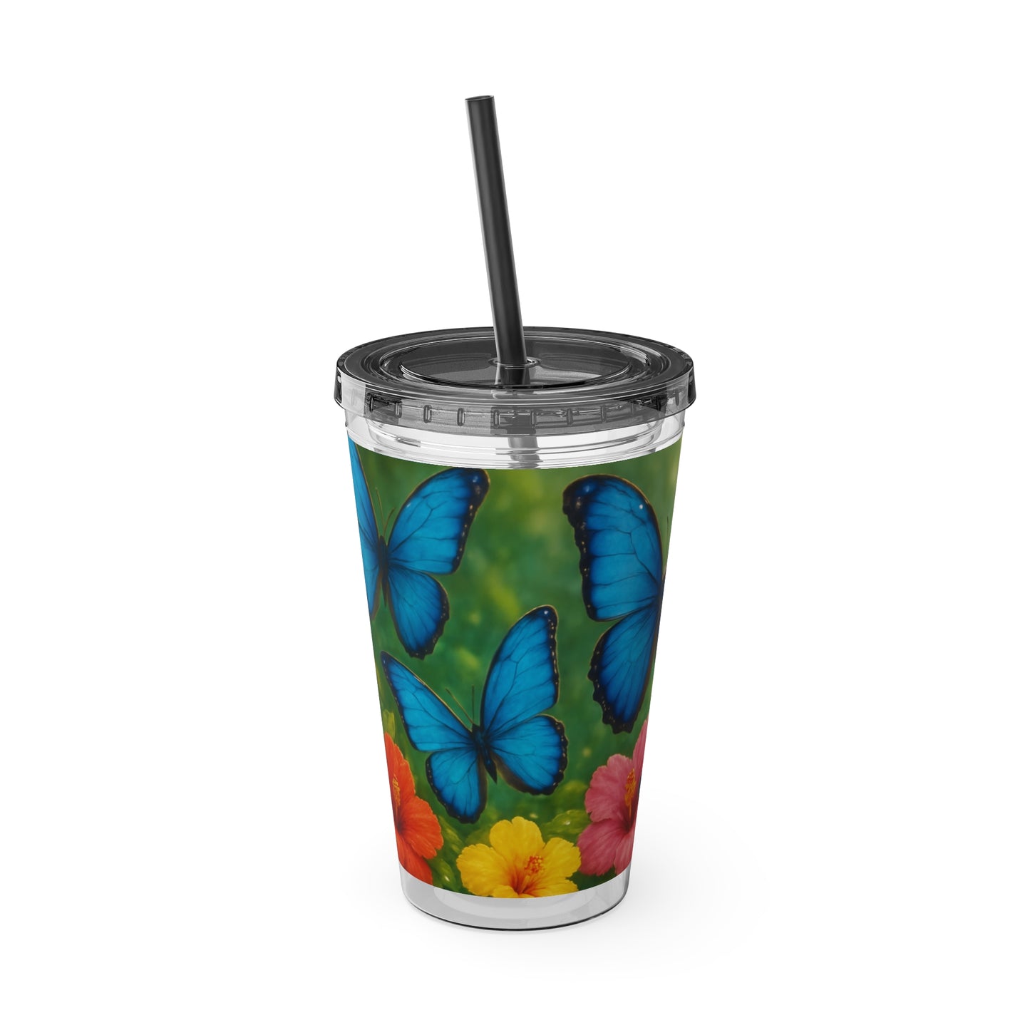 Tropical Tumbler with Straw | 16oz Colorful Travel Cup / Morpho Butterflies Flight