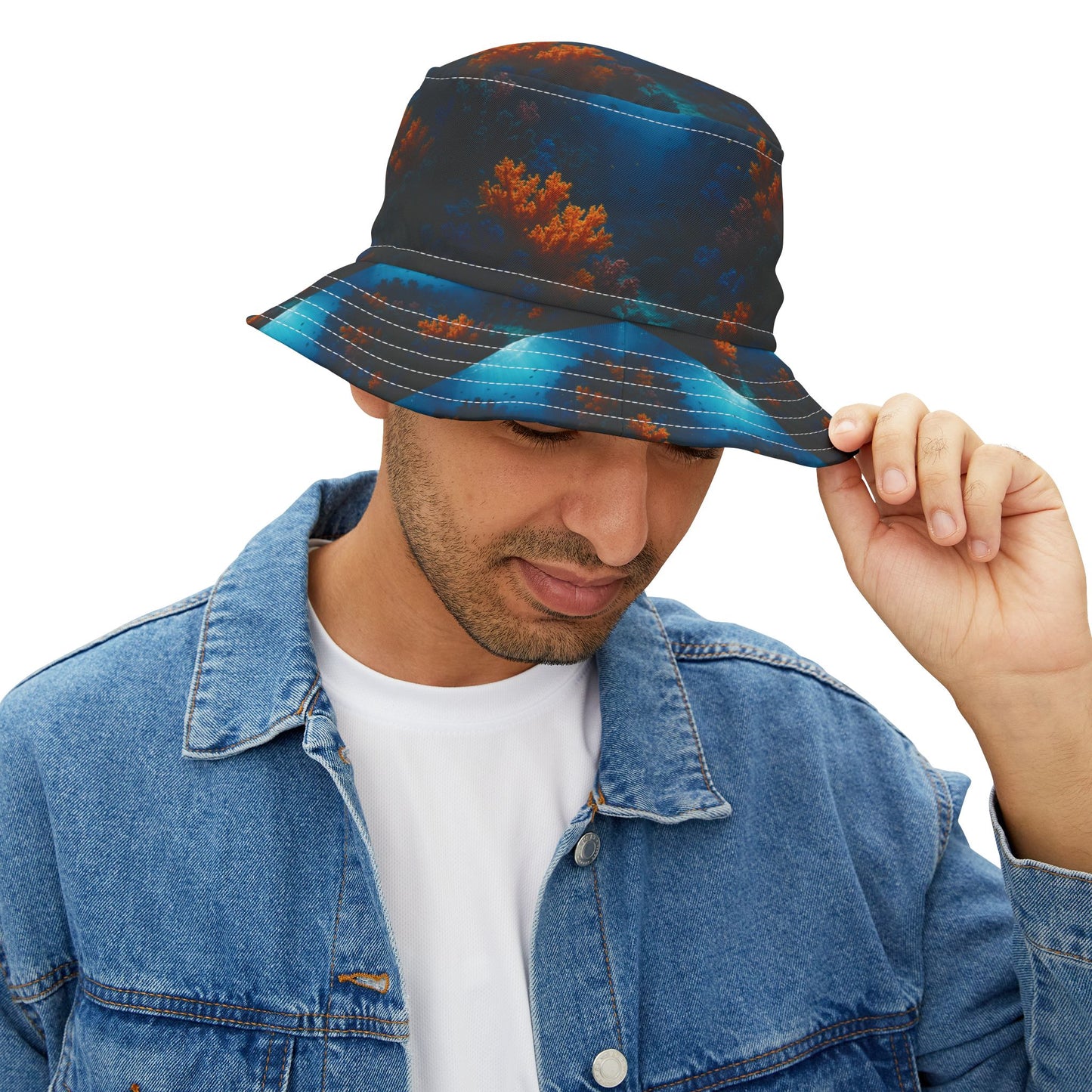 Black and Orange Coral / Polyester Bucket Hat for Beach Lovers