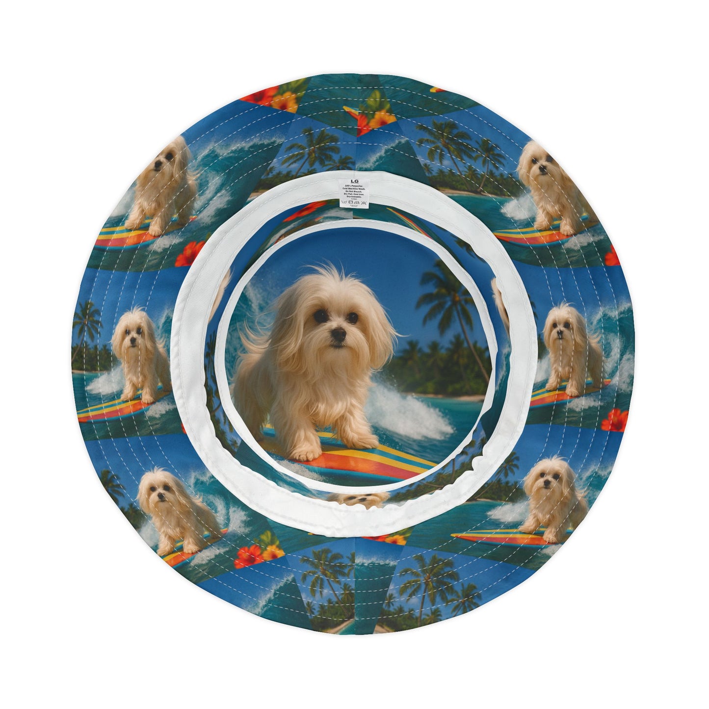 Tropical Polyester Bucket Hat, 2 Sizes - Puppy Ariel the Dog Surfer