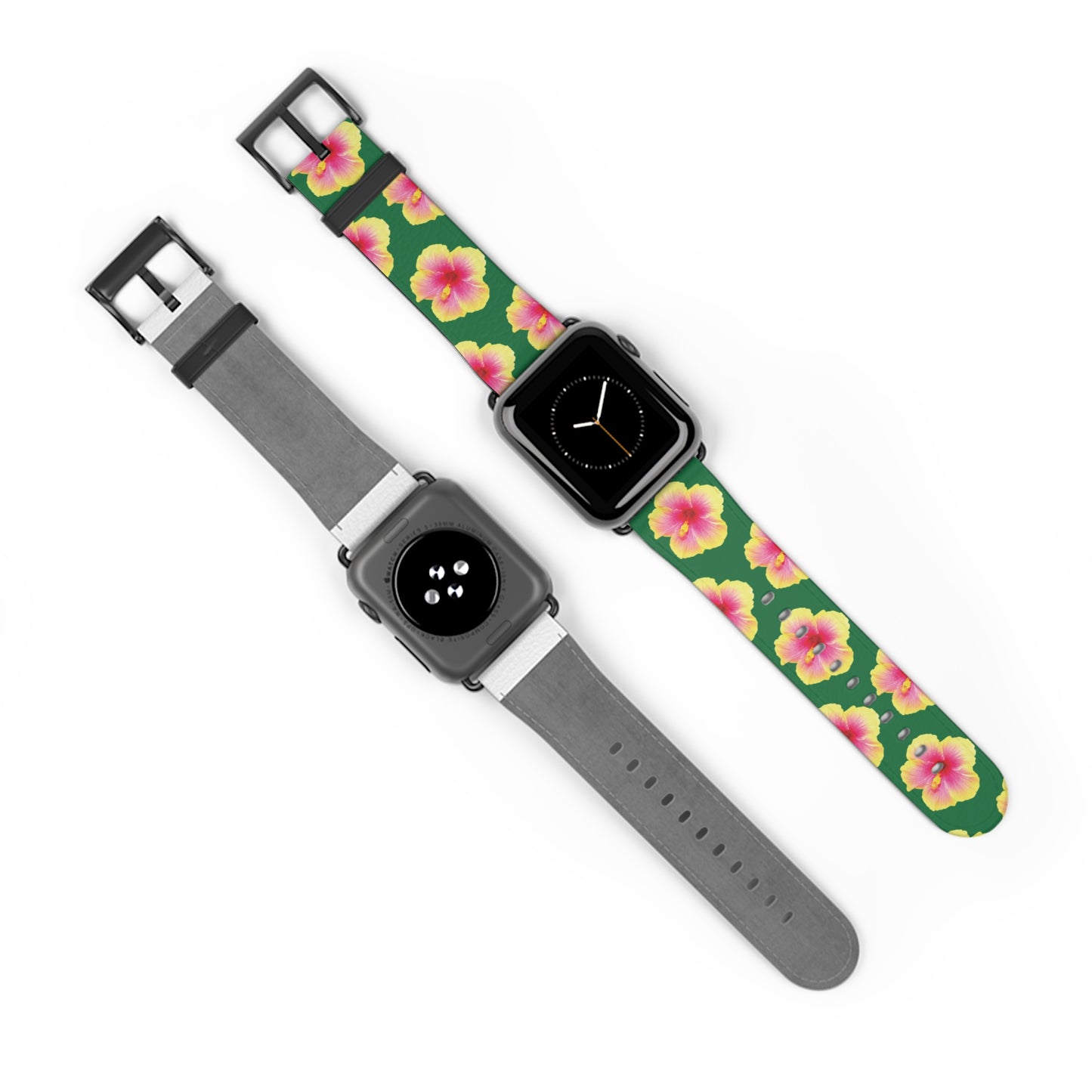 Apple Watch Band - REAL Yellow/Orange Hibiscus Flower, Dark Green