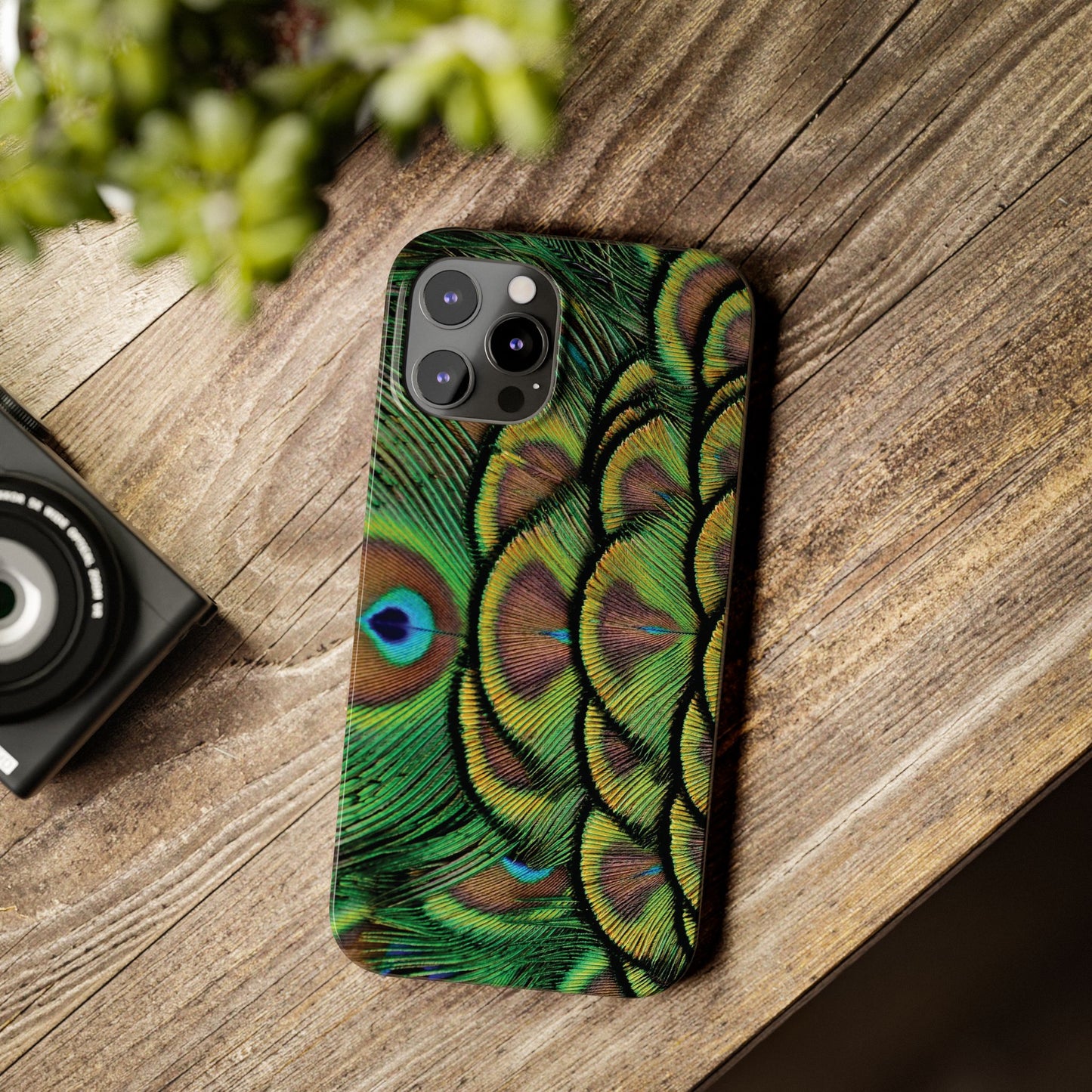 Slim Phone Cases - Brilliant Green Peacock Feathers