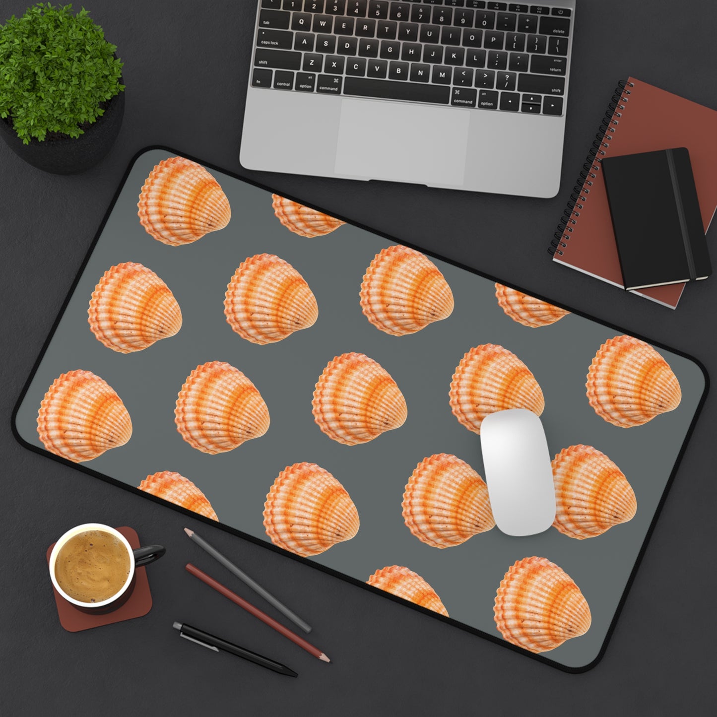 Tropical Mouse Pad/Desk Mat, 3 Sizes - Seashell Design, Perfect for Home Office / Orange Scallop, Dark Grey