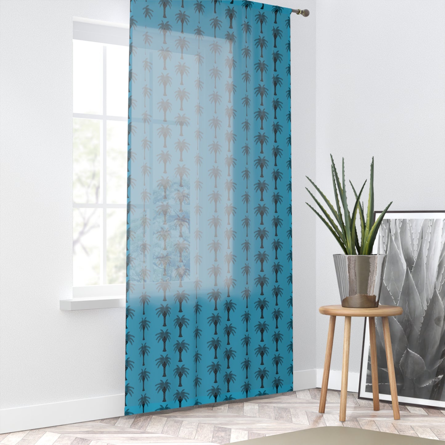 Deco Palm/Turquoise Semi-Transparent Window Curtain, 50" x 84" - Colorful Tropical Home Décor