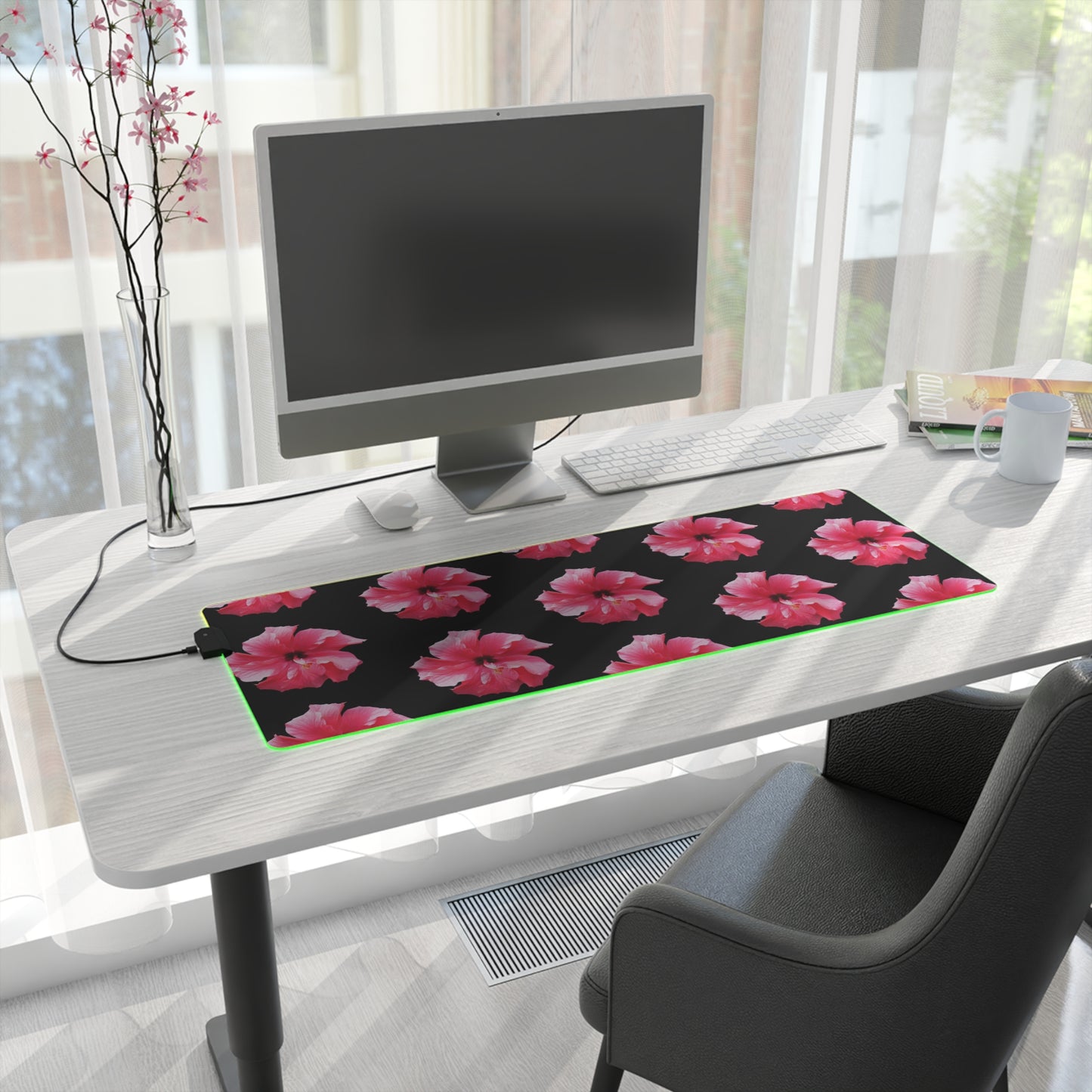 LED Gaming Mouse Pad With Vibrant RGB Lighting, 4 Sizes / Photo Hibiscus/Pink