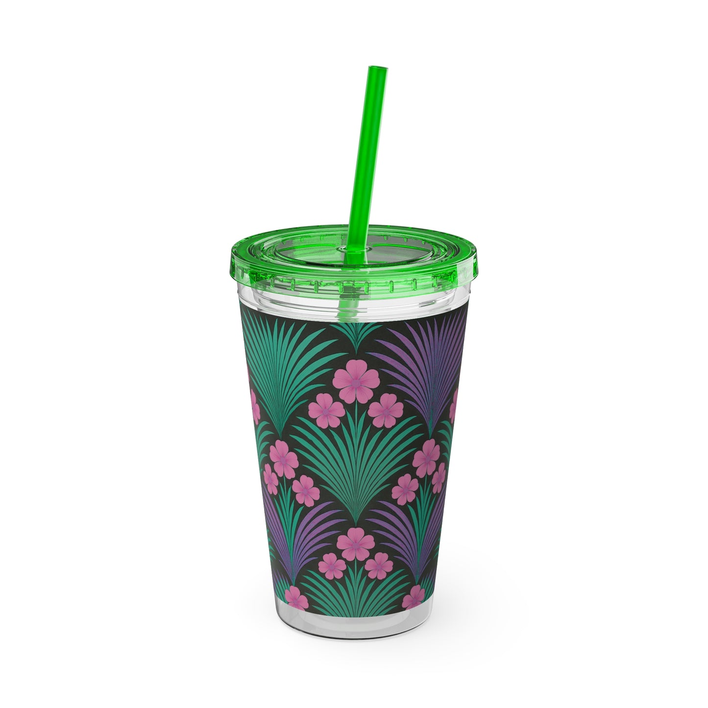 Tropical Tumbler with Straw | 16oz Colorful Travel Cup / Midnight Hibiscus Deco, Pink
