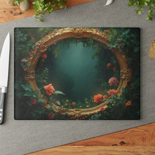 Glass Cutting Board, 2 sizes - Framed Orange Flowers of Rainforest