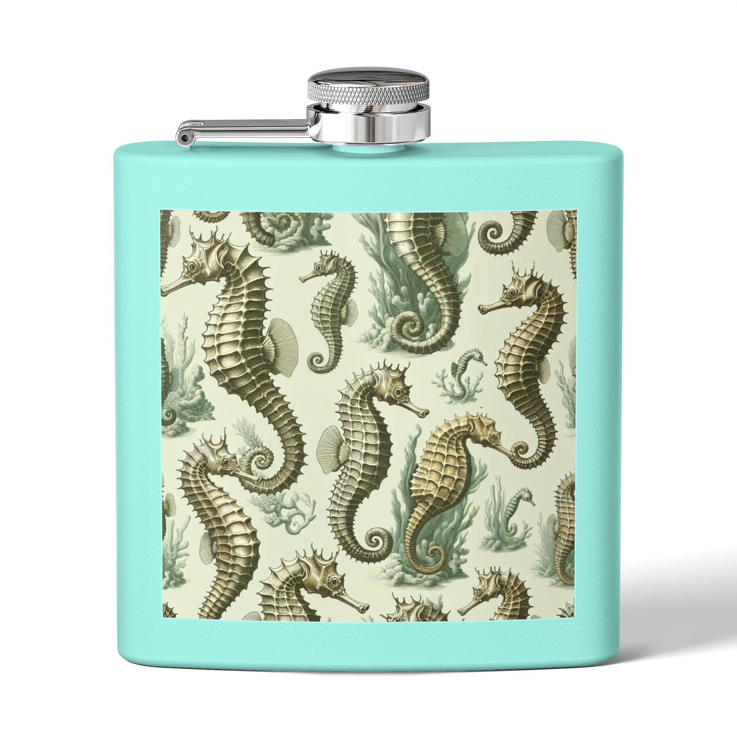 Tropical Stainless Steel 6 oz. Flask, Many Colors  – Green Toile Seahorses
