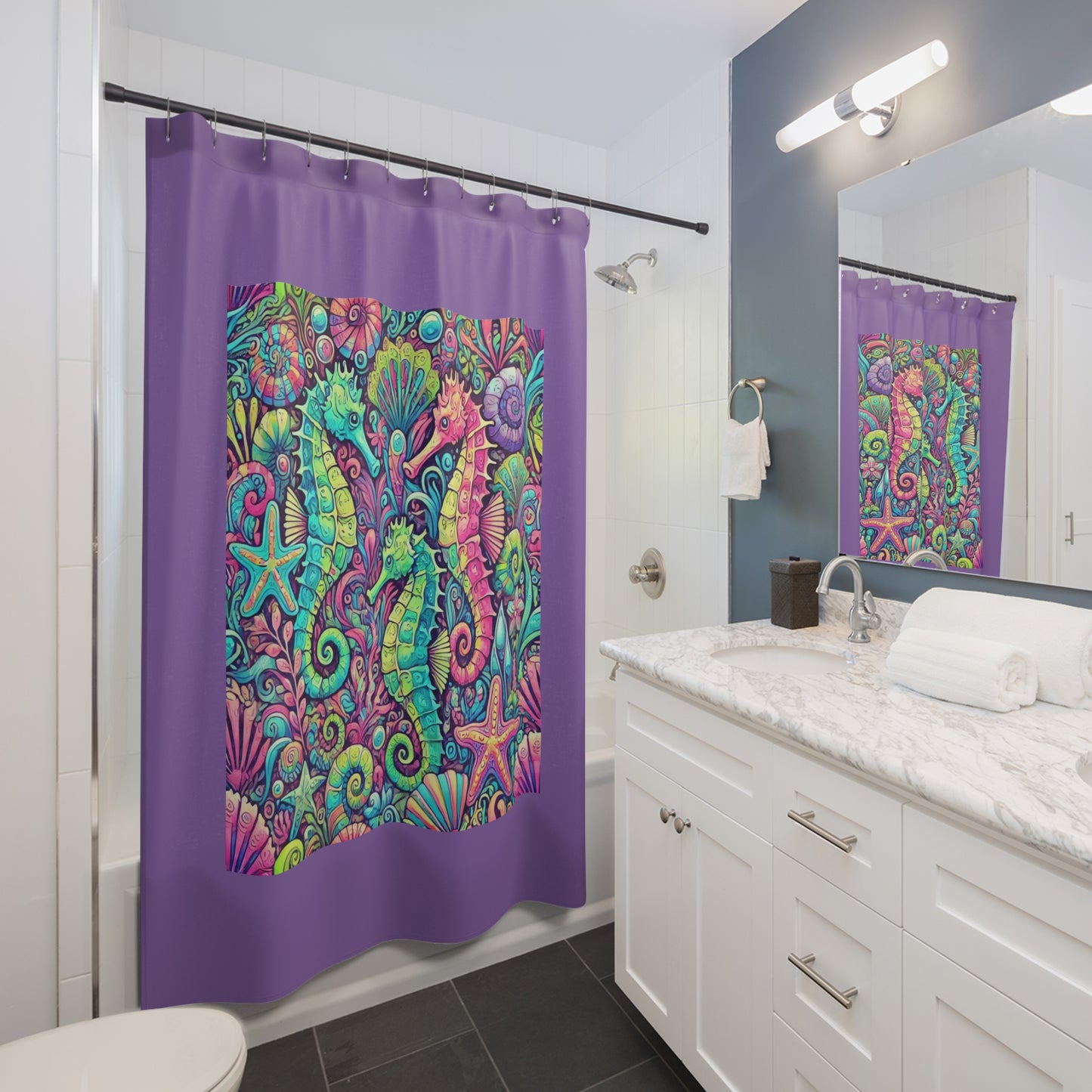 Tropical Shower Curtain - Rainforest Bathroom Decor / Seahorse Trio/Lt. Purple