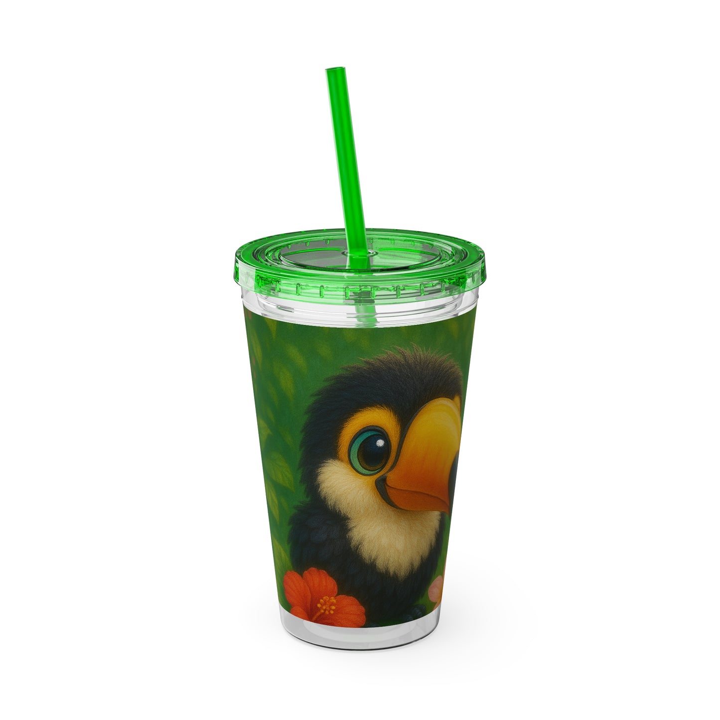 Tropical Tumbler with Straw | 16oz Colorful Travel Cup / Baby Toucans