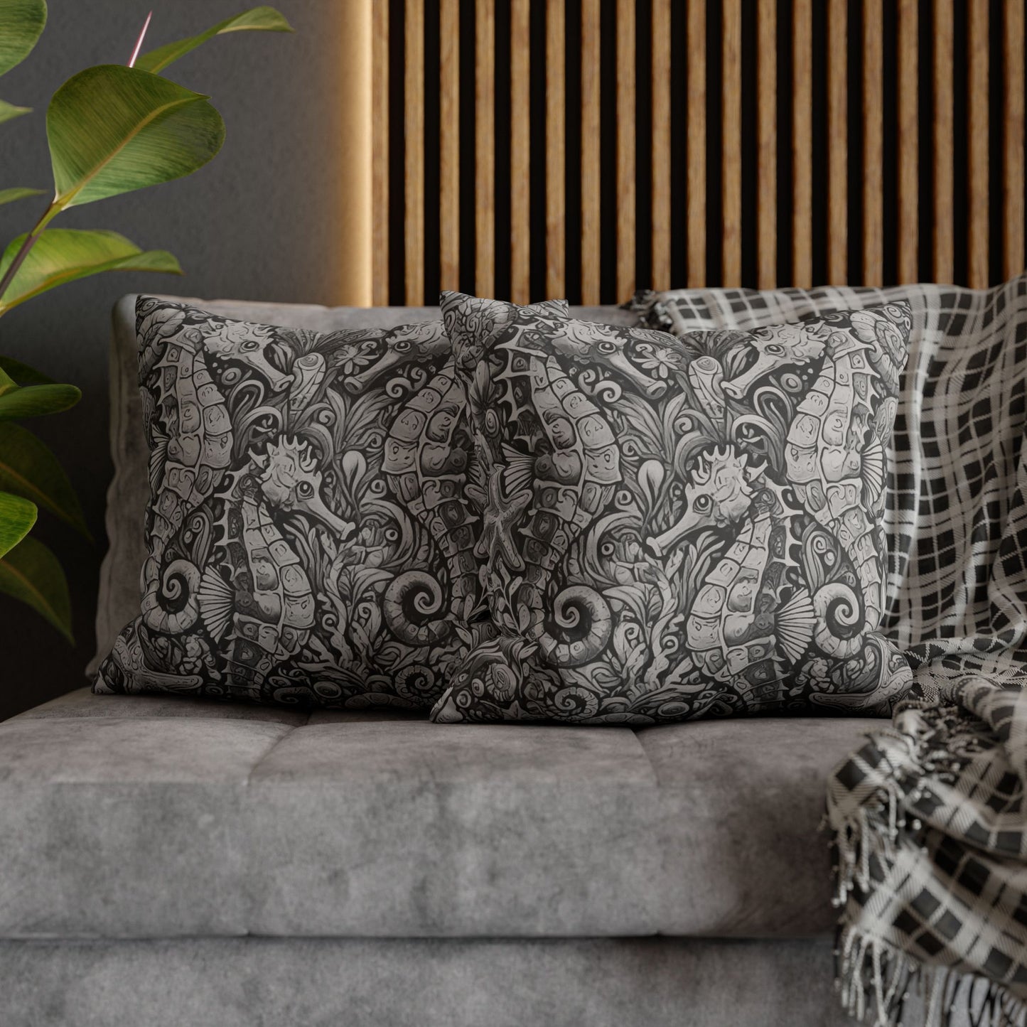 Faux Suede Square Pillowcase - Seahorse Trio, Noir