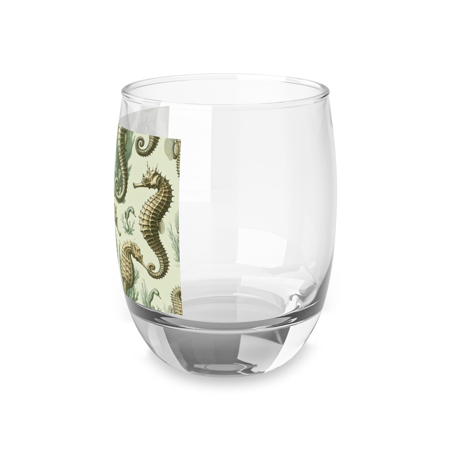 Whiskey Glass, Green Toile Seahorses