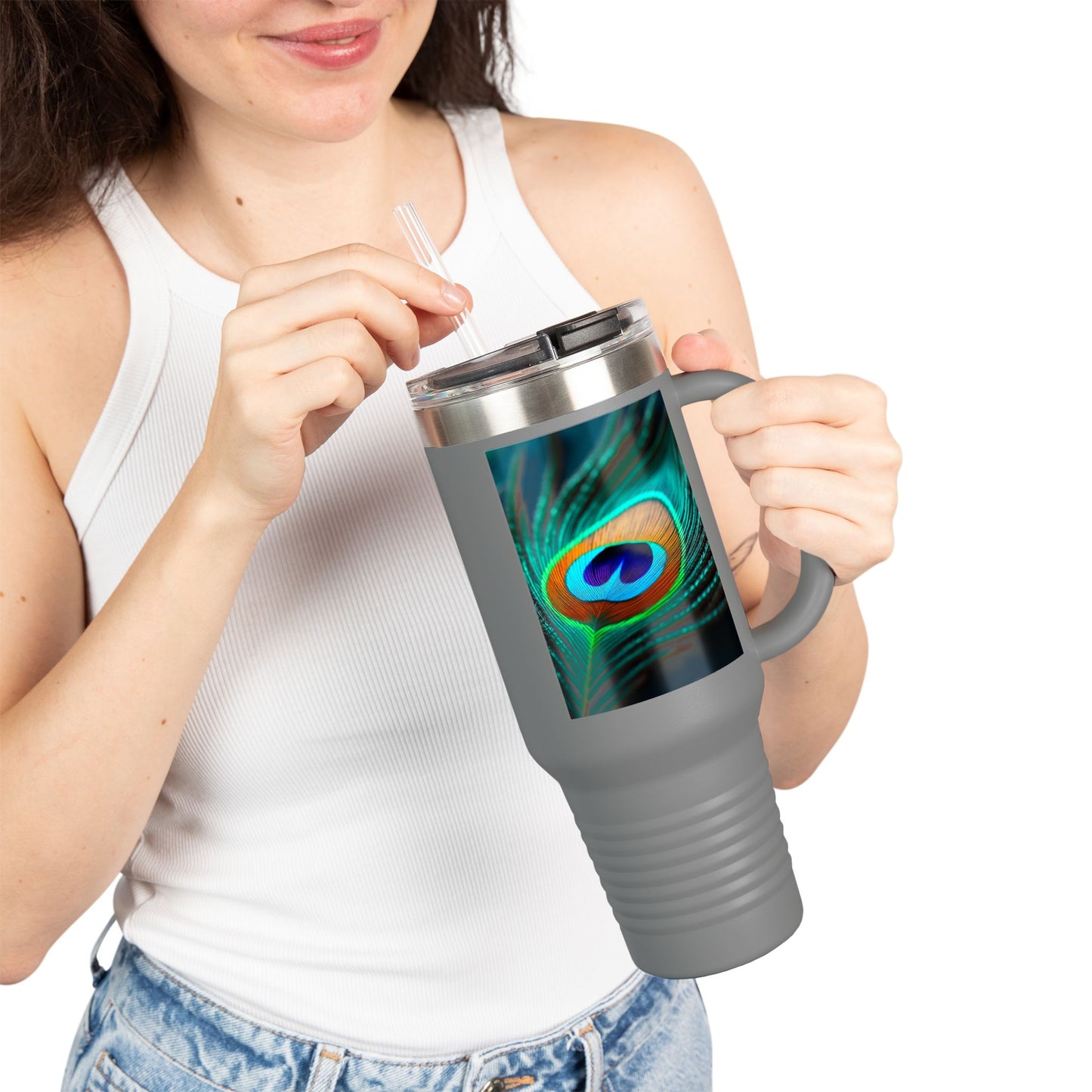 Insulated Travel Mug, 40oz / Peacock Eye Feather, Turquoise- Perfect for Outdoor Adventures