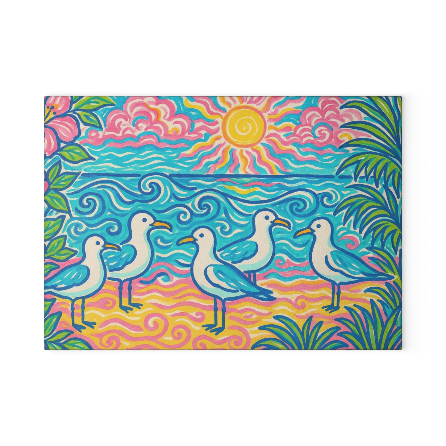 Glass Cutting Board, 2 sizes - Tropical Beach Seagulls