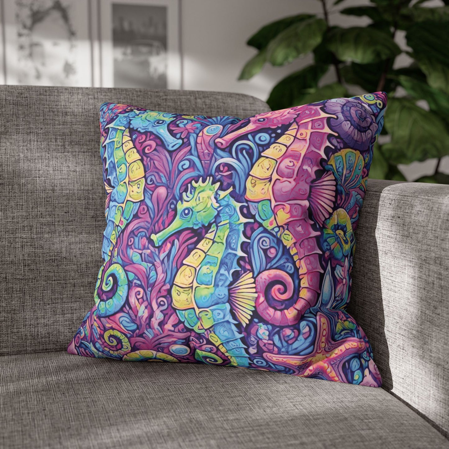 Faux Suede Square Pillowcase - Seahorse Trio/Fantasy Pop