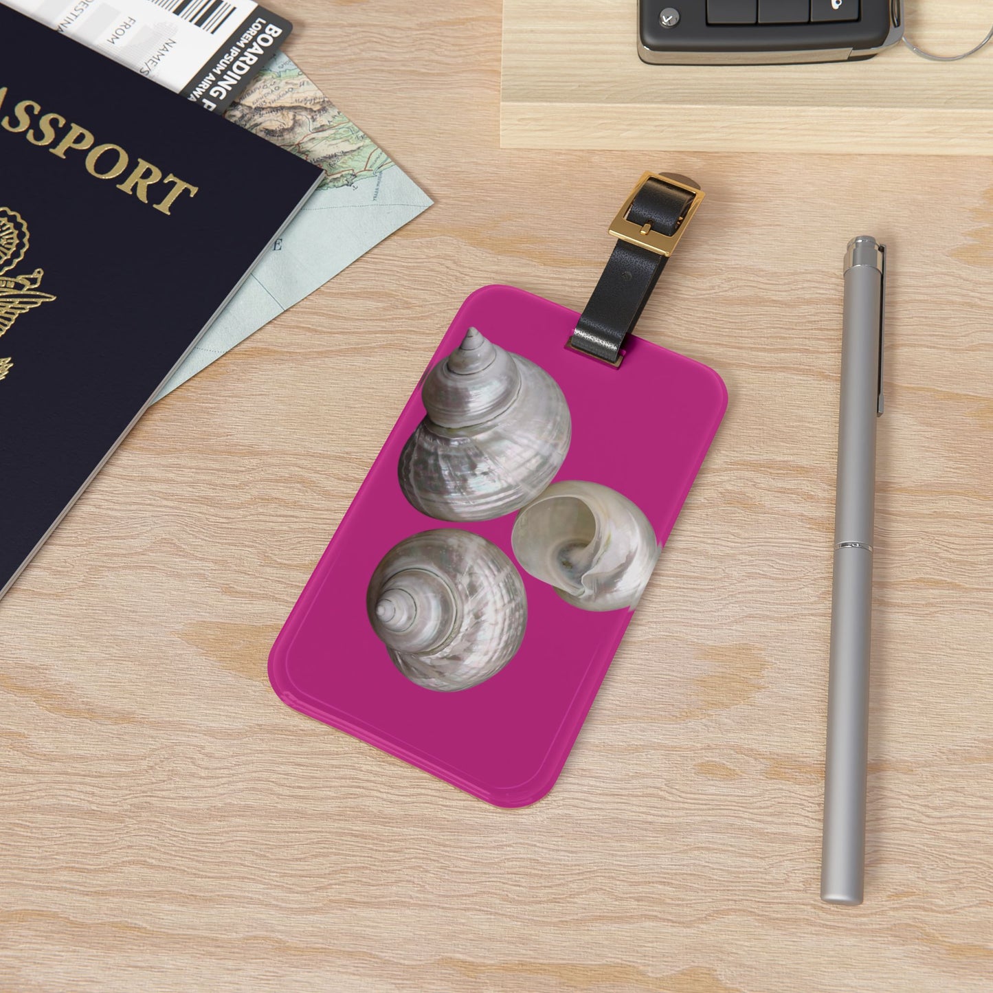 Luggage Tag - White Nautilus Trio, pink