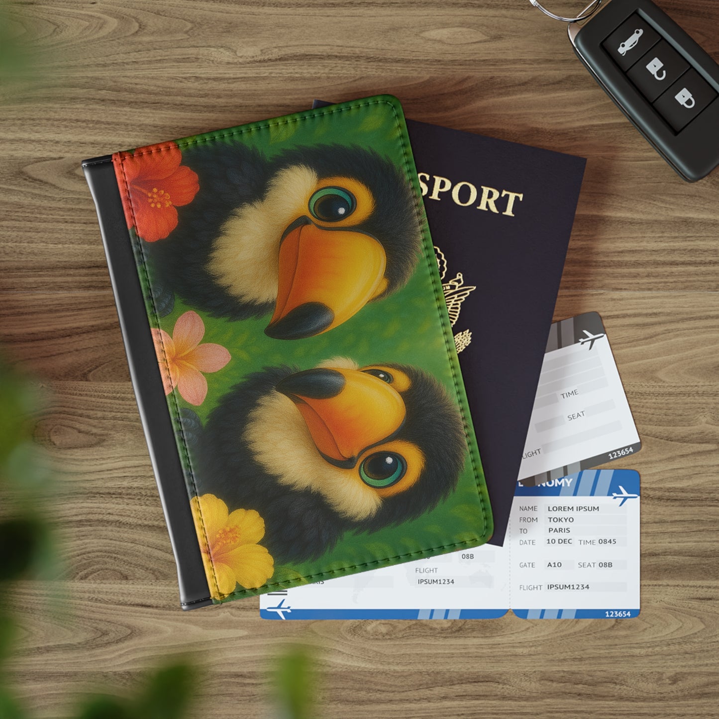 Tropical Passport Cover, Faux Leather - RFID blocking for travel security / Rainforest Baby Two Toucans