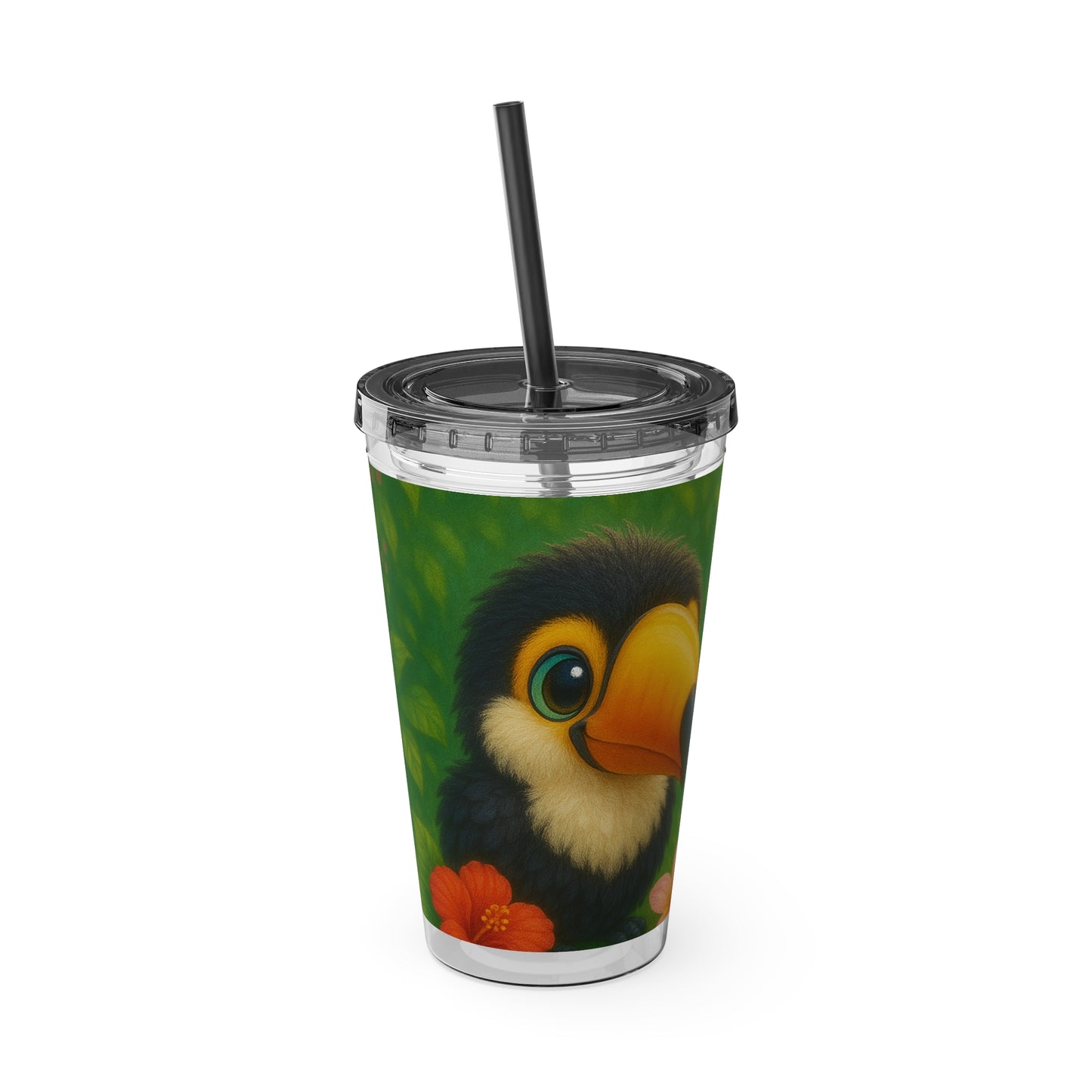 Tropical Tumbler with Straw | 16oz Colorful Travel Cup / Baby Toucans