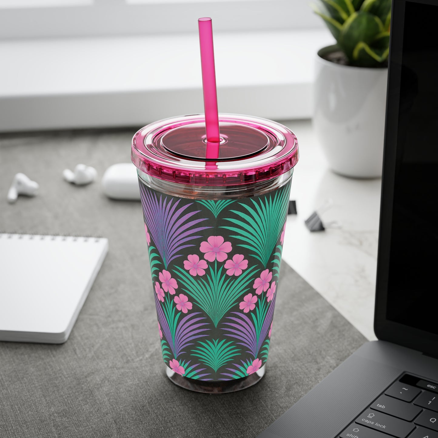 Tropical Tumbler with Straw | 16oz Colorful Travel Cup / Midnight Hibiscus Deco, Pink