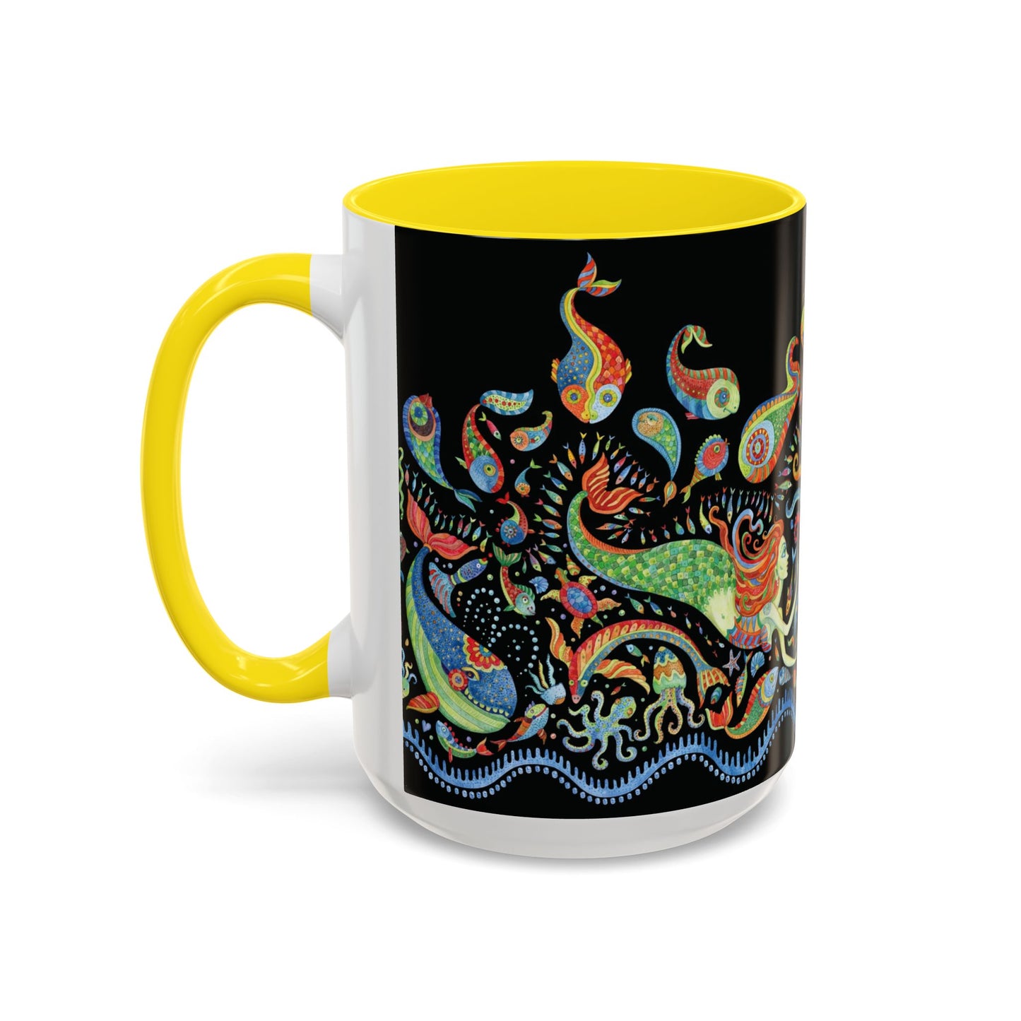 Mermaid Kingdom/Black, Coffee Mug, 8 Colors - Fun Tropical Drinkware for Beach Vibes