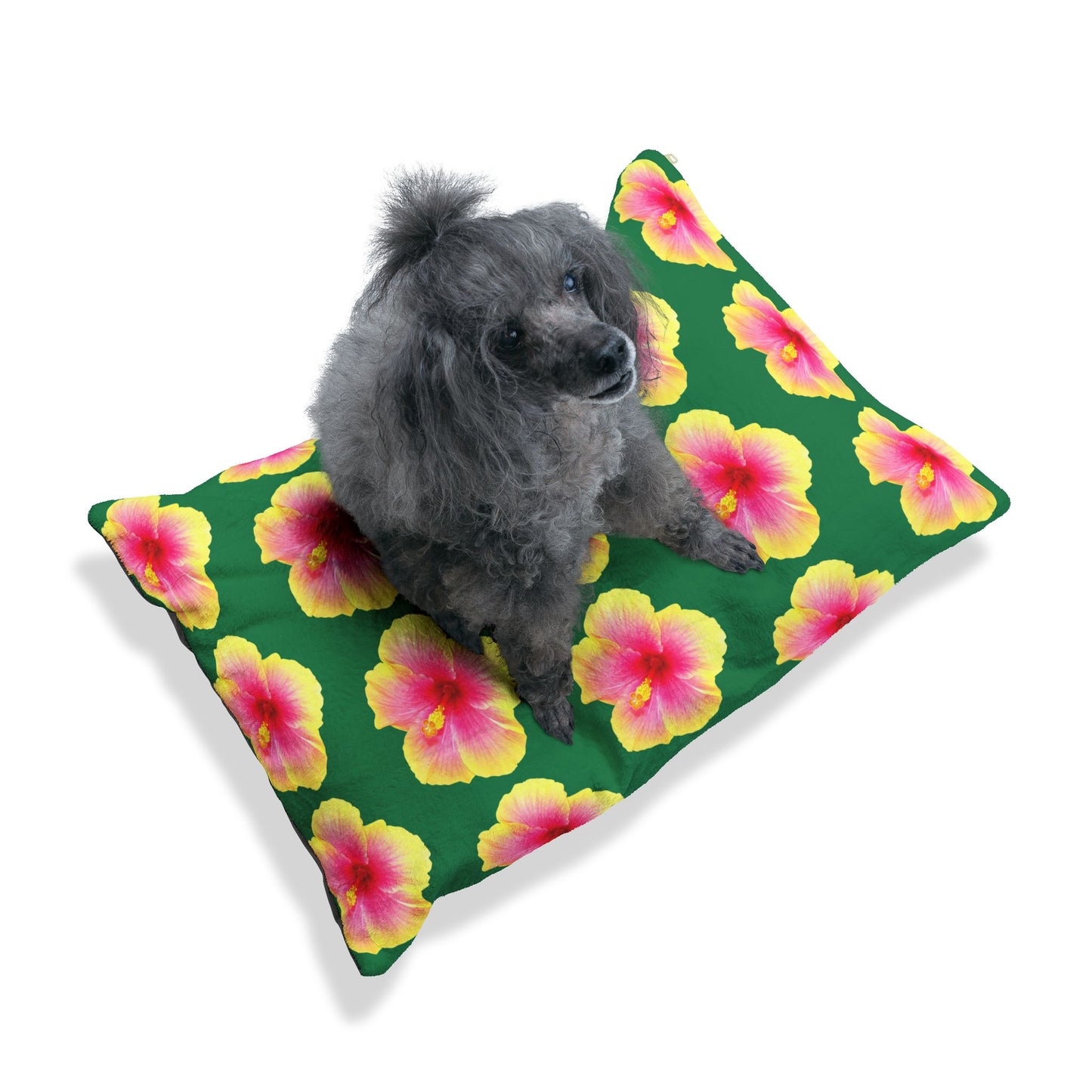 Pet Bed - Cozy and Fun Dog or Cat Bed for Beach Lovers / Real Yellow & Pink Hibiscus/Dark Green