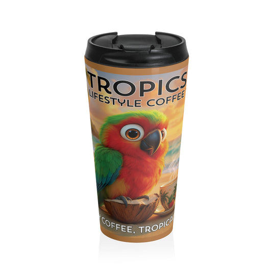 15 oz. Stainless Steel Travel Mug / Parrot Tiki on Beach