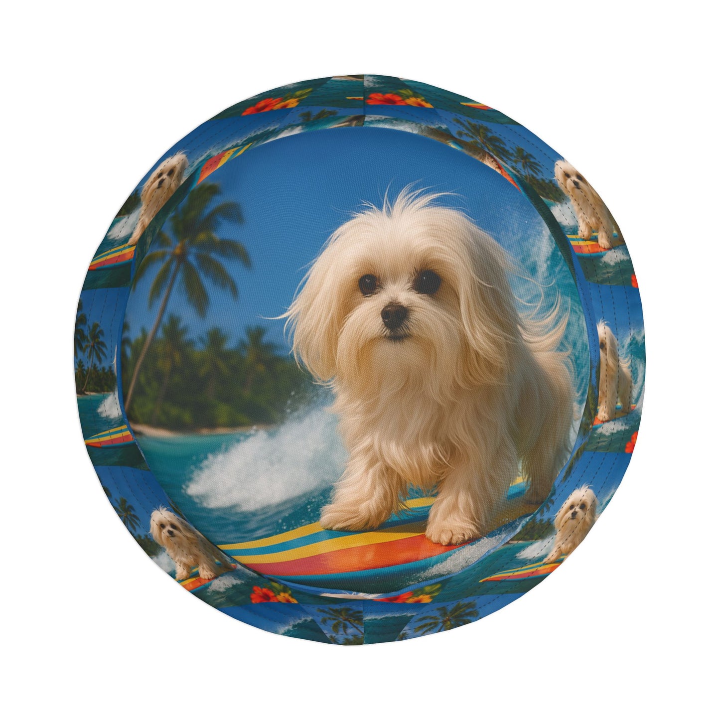 Tropical Polyester Bucket Hat, 2 Sizes - Puppy Ariel the Dog Surfer