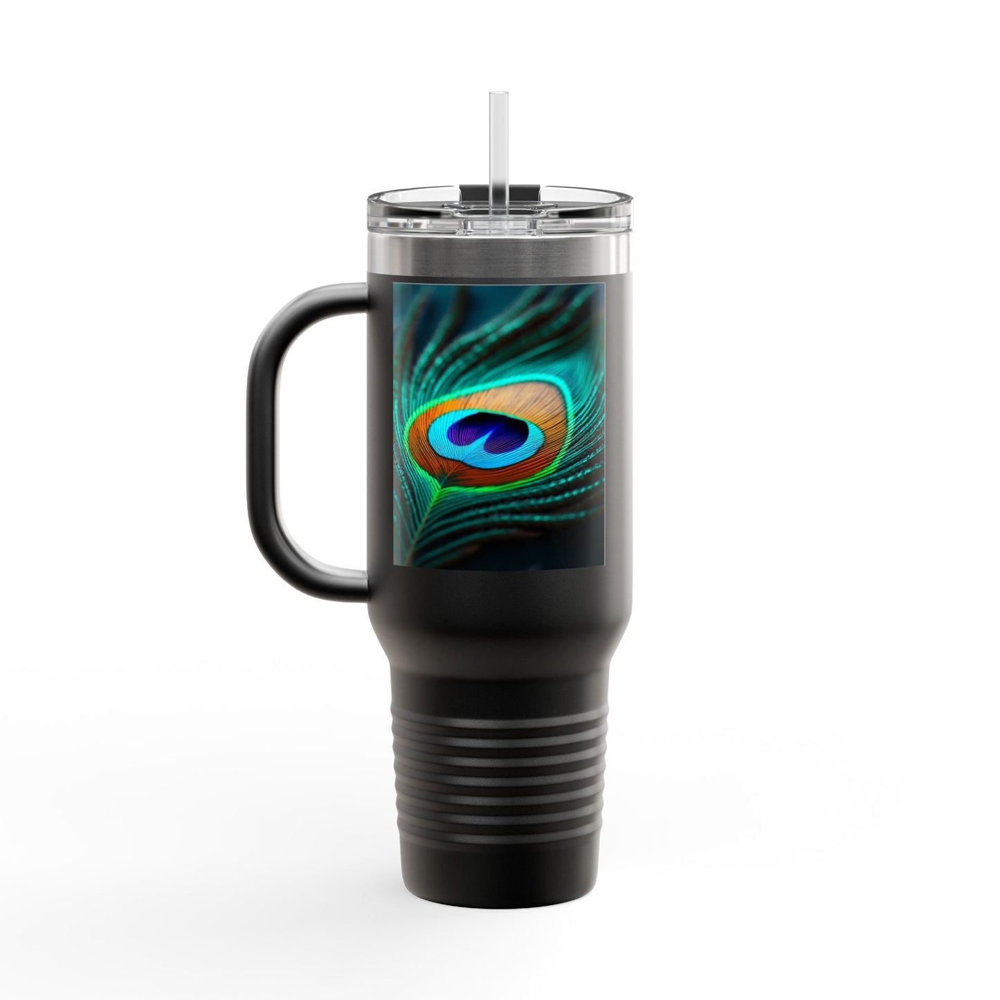 Insulated Travel Mug, 40oz / Peacock Eye Feather, Turquoise- Perfect for Outdoor Adventures