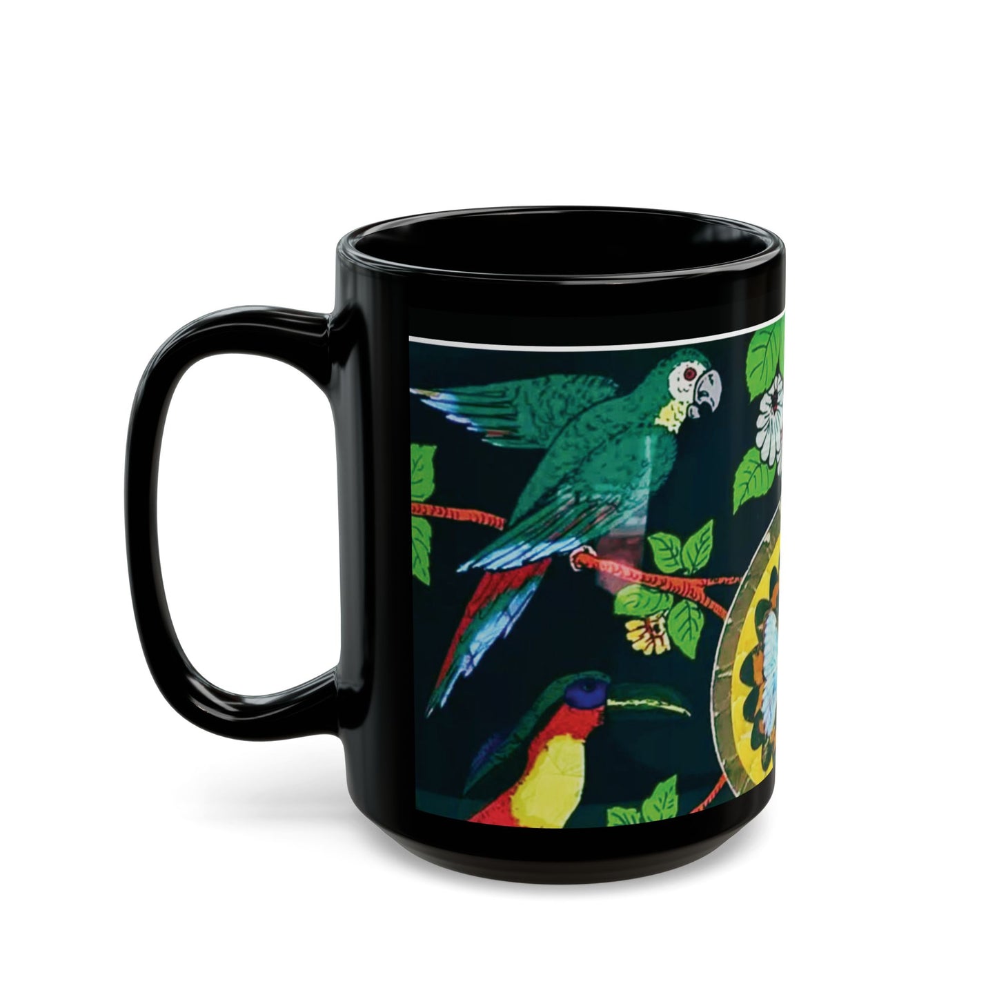 Black Coffee Mug, 2 Sizes - Parrots & Butterfly/Real Wings