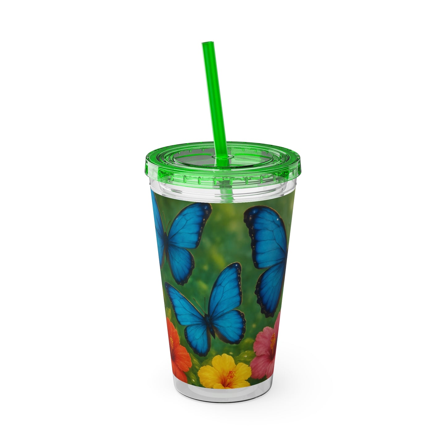 Tropical Tumbler with Straw | 16oz Colorful Travel Cup / Morpho Butterflies Flight