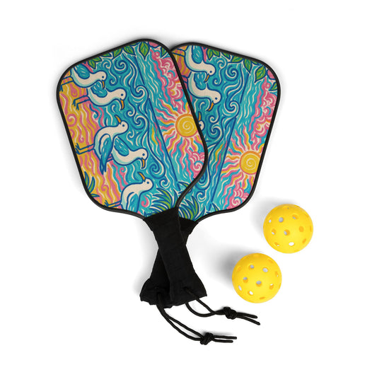 Tropical Pickleball Kit - Coastal Vibe Paddles & Balls Set / Beach Seagulls