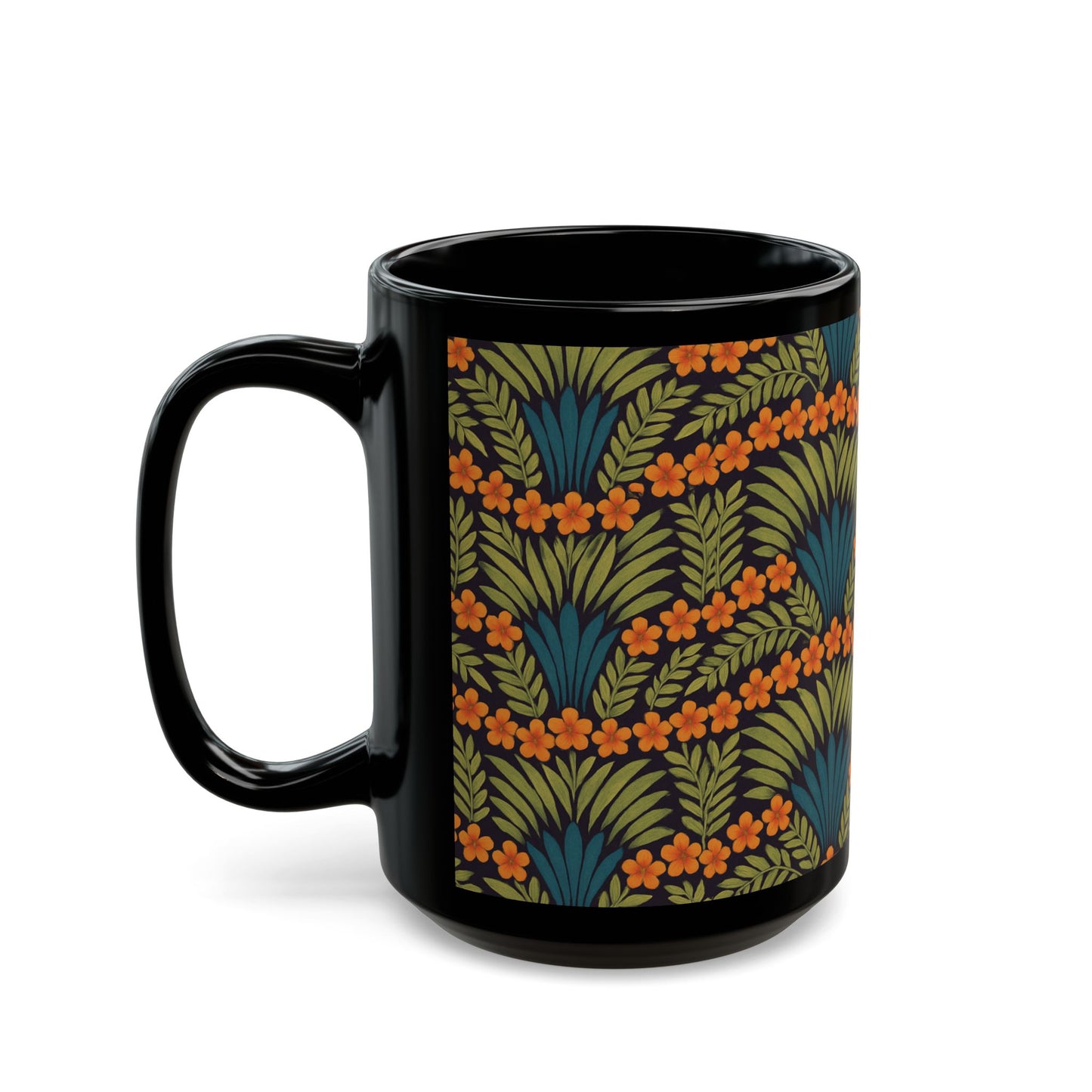 Black Coffee Mug - Hibiscus Fan Dance, Orange