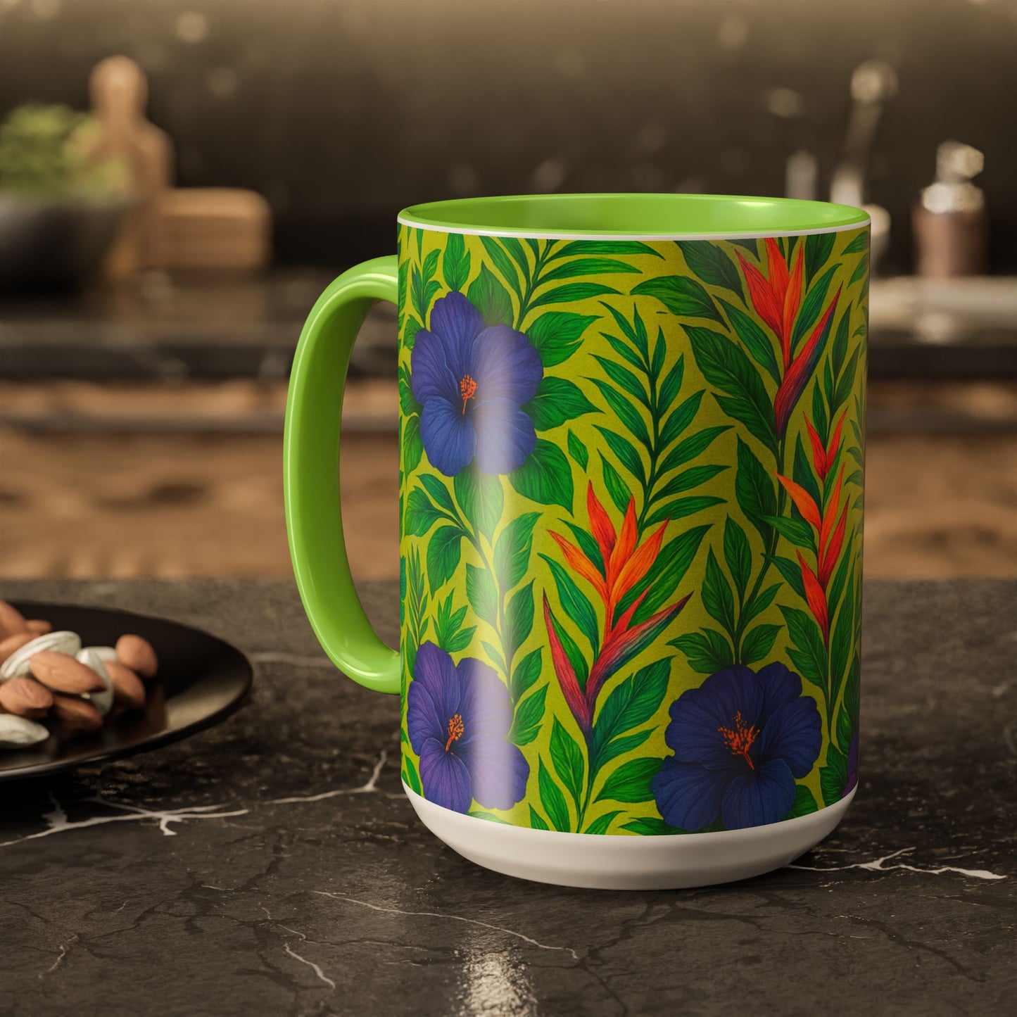 Vibrant Floral Coffee Mug - 11oz & 15oz / Midnight Flower Lime