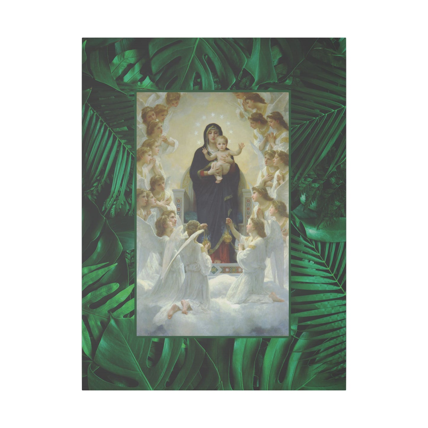 "Tropical Rainforest Our Lady With Angels" Religious Canvas Artwork - Stretched Canvas Print / Virgin Mary & Jesus