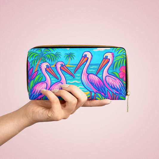 Tropical Zipper Wallet, Faux Leather / Vibrant Clutch / Beach Pelican Party