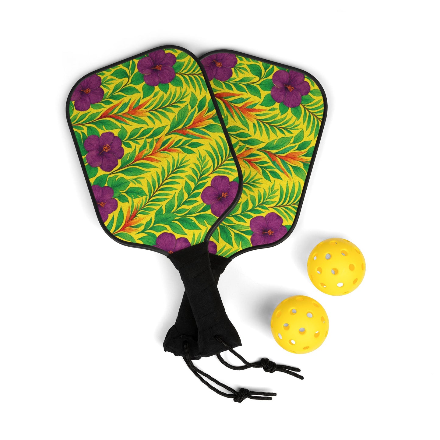 Tropical Pickleball Kit - Rainforest Vibe Paddles & Balls Set / Midnight Flower Yellow