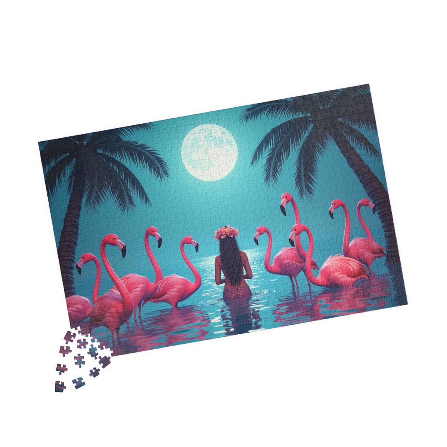 Moonlit Mermaid and Flamingos Troical Puzzle, 4 Sizes - Relaxing Jigsaw for Island Vibes