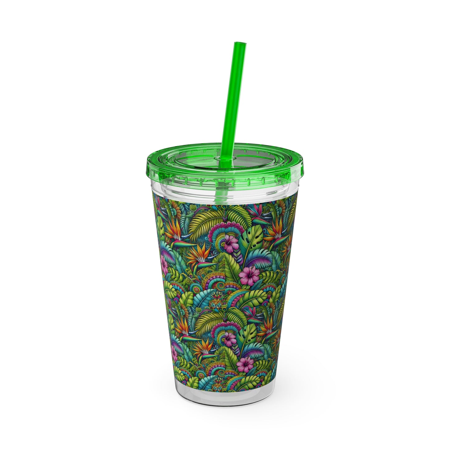 Tropical Tumbler with Straw | 16oz Colorful Travel Cup / Rainforest Blooms