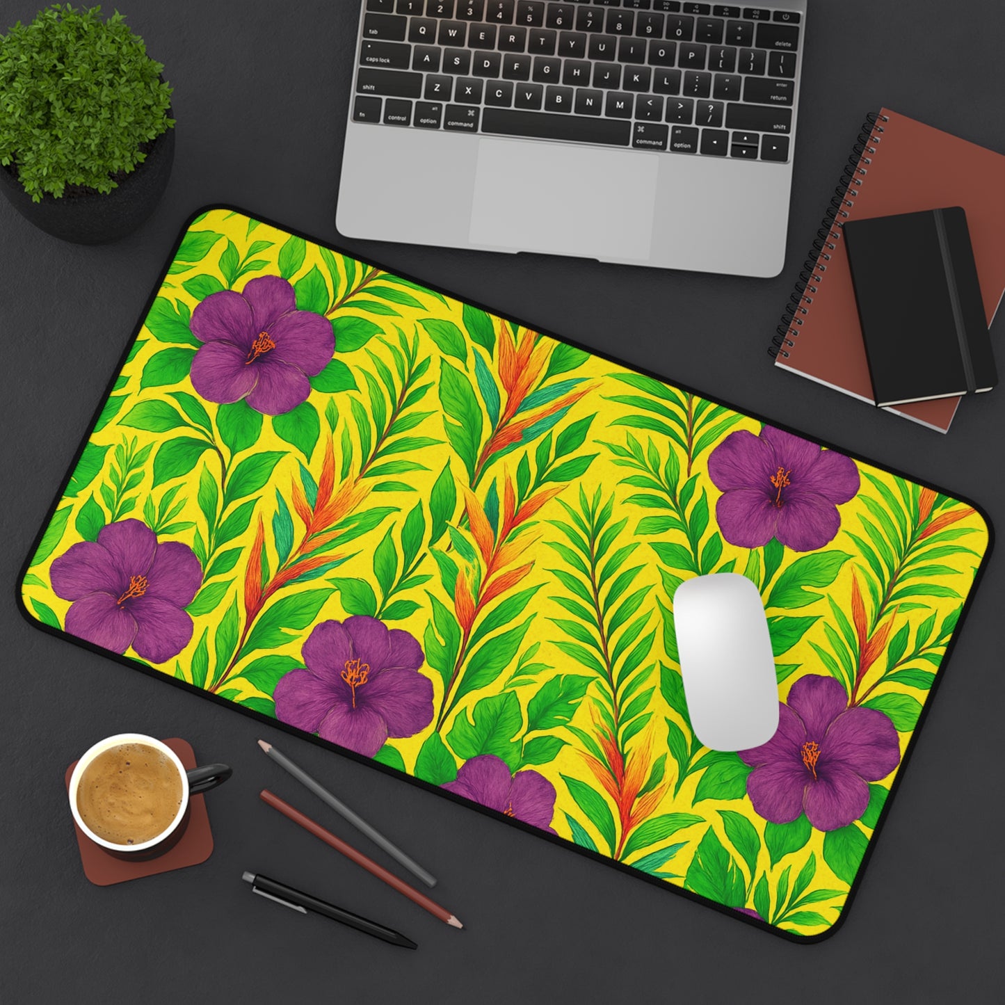 Tropical Mouse Pad/Desk Mat, 3 Sizes - Bright Botanical Design, Perfect for Home Office / Midnight Flower Yellow