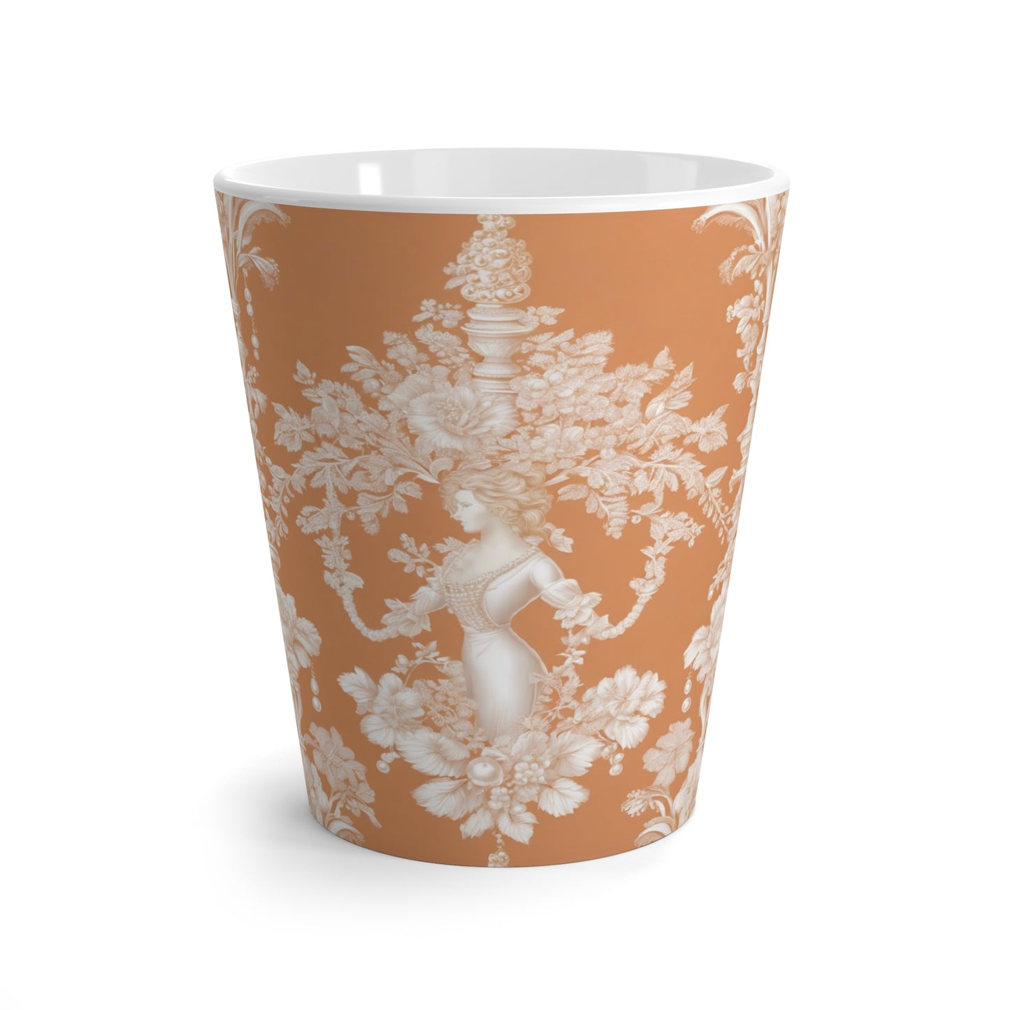 Latte White Mug - Perfect for Coffee Enthusiasts / Pearl Lady Toile, melon