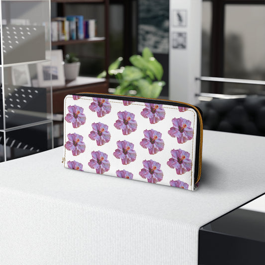 Tropical Zipper Wallet, Faux Leather / Vibrant Clutch / Micro Purple Hibiscus, White