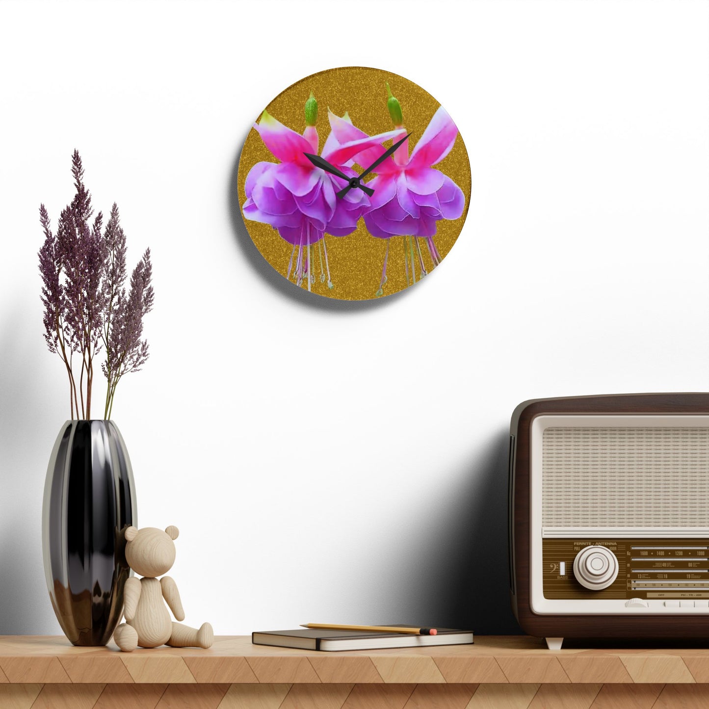 Acrylic Wall Clock, Two Fuchsias/Gold, 4 Variants