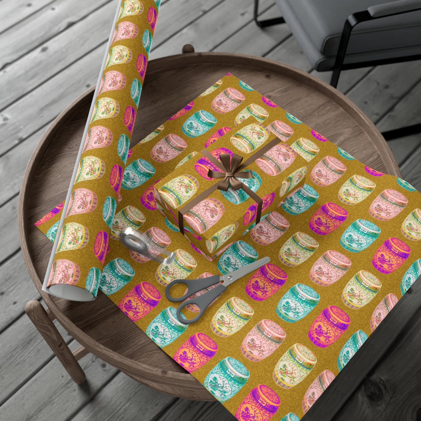 Wrapping Paper - Tropical Gift Wrap for All Occasions / 3 Sizes, 2 Finishes /Pop Art Porcelain Stools, Gold