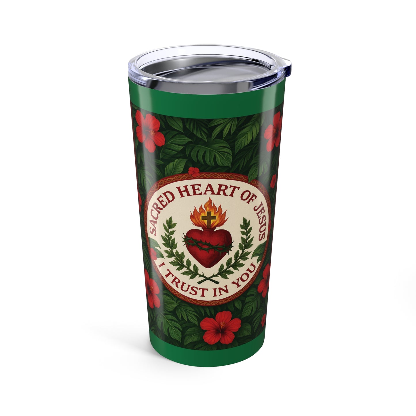 Religious 20oz Tropical Glossy Tumbler - Sacred Heart of Jesus Prayer, Dark Green