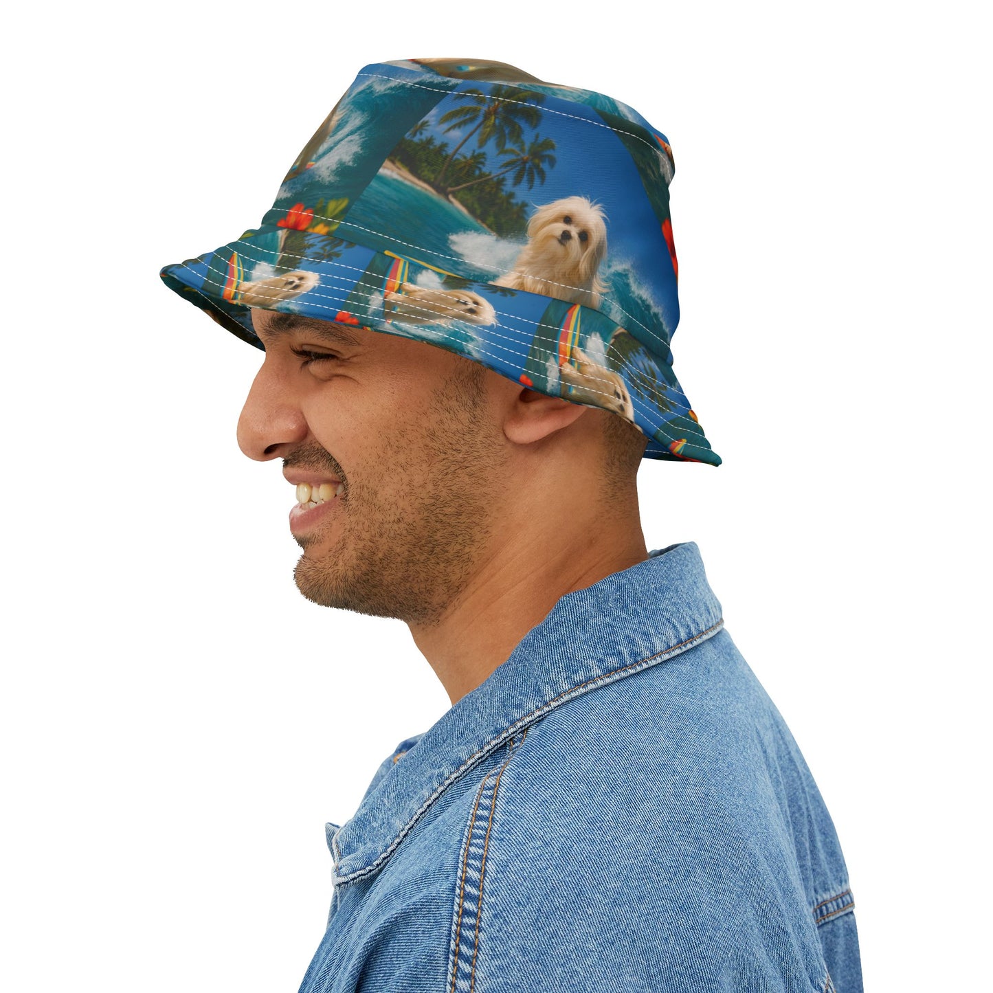 Tropical Polyester Bucket Hat, 2 Sizes - Puppy Ariel the Dog Surfer