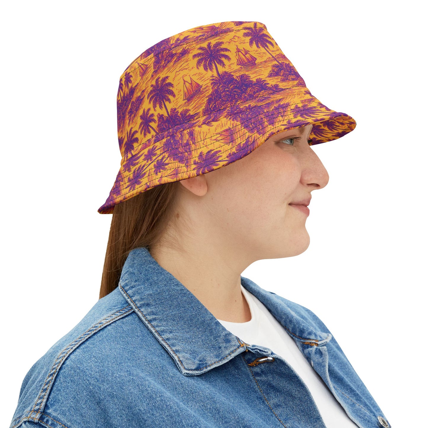 Tropical Polyester Bucket Hat, 2 Sizes - Faraway Toile/Pop