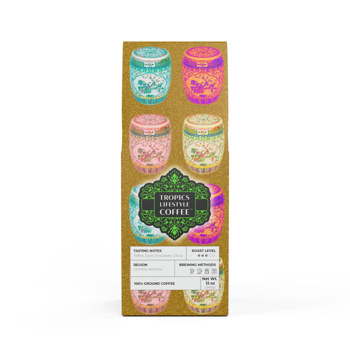 Citrus Bay Blend™ (Medium Roast) Specialty Grade Craft Coffee / Tropical Garden Stools, Gold