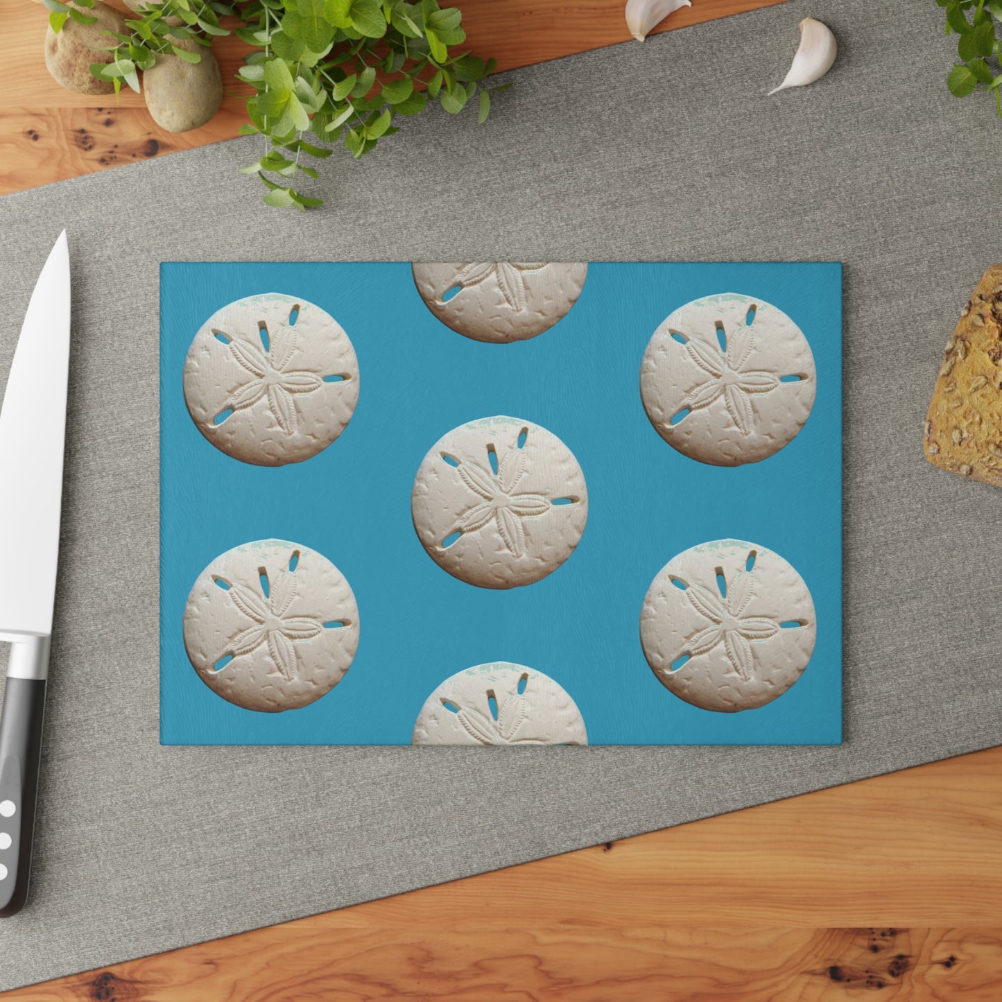 Glass Cutting Board, 2 sizes - White Sand Dollar/Turquoise