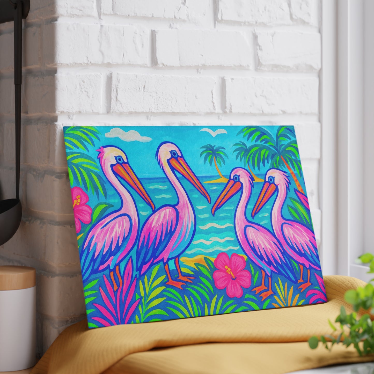 Glass Cutting Board, 2 sizes - Beach Pelican Party