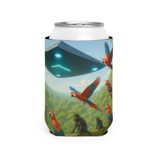 Rainforest UFO and Macaws Can Cooler Sleeve - Perfect for Outdoor Picnics