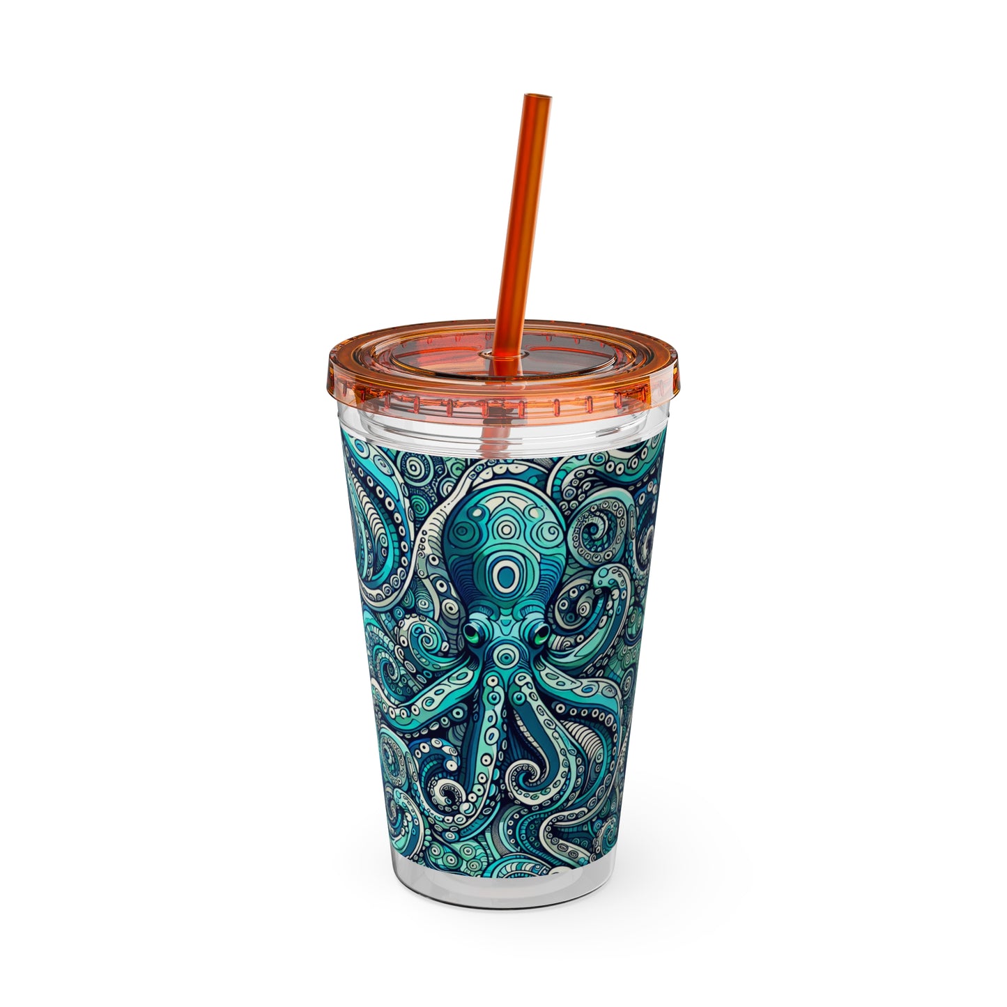 Tropical Tumbler with Straw | 16oz Colorful Travel Cup / Aqua Octopus